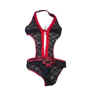 Adore Me Lace Teddy Bodysuit Black Red Sheer Cutout Lingerie S NWT